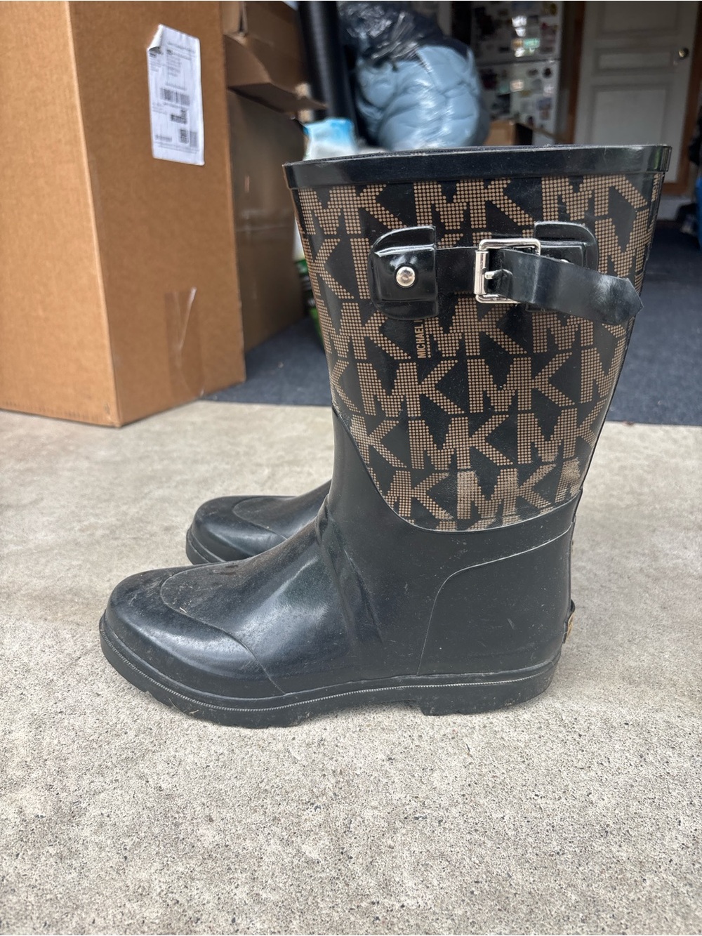 Michael Kors Black Rubber Rain Boots with Brown MK Monogram
